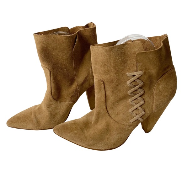 Zara Woman Suede Leather Lace Up Pointy Toe Heeled Booties Tan Cognac Size 39/9 - Picture 11 of 16
